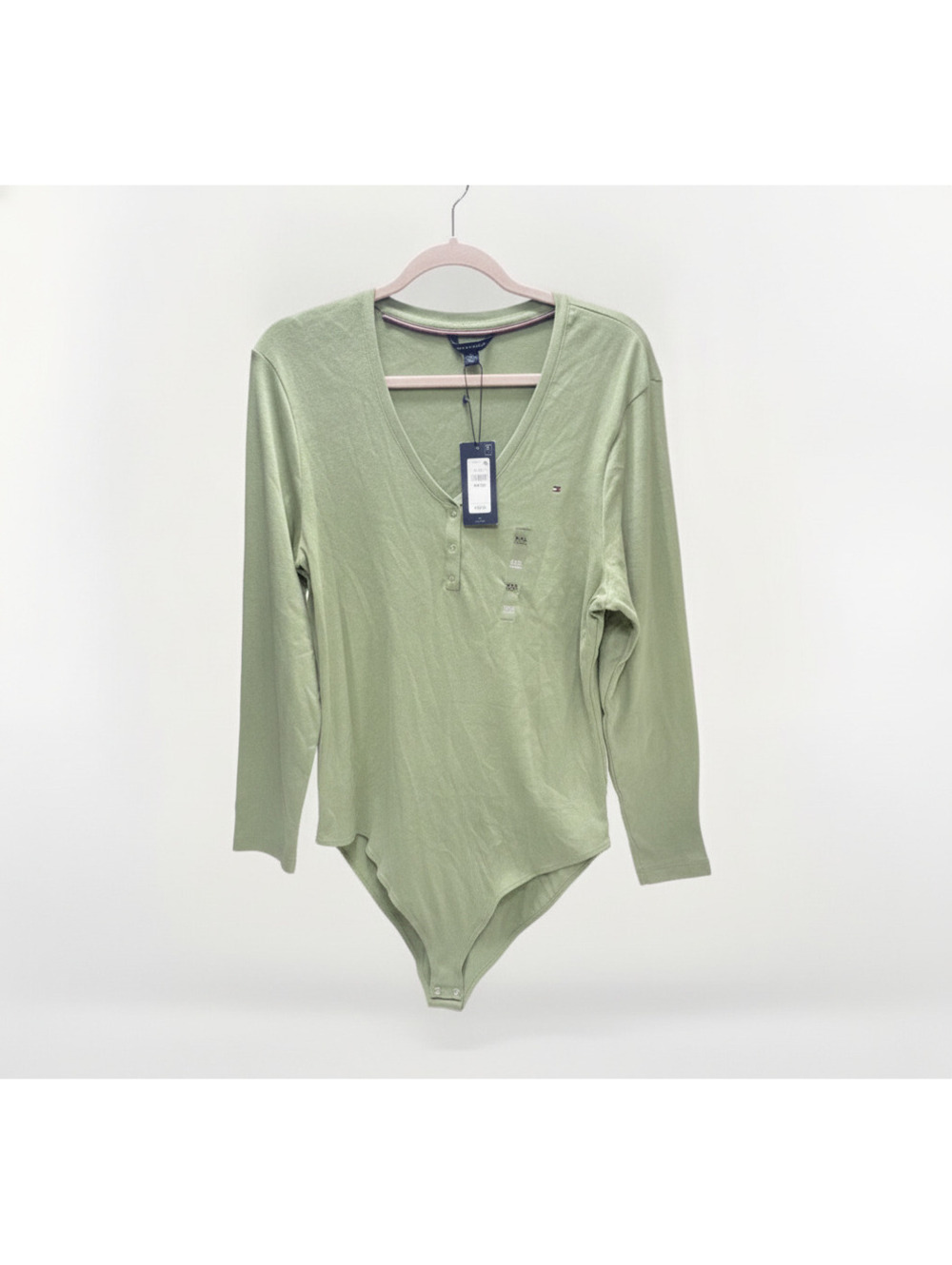 Tommy Hilfiger Women’s 2XL Green Long Sleeve V-Neck Bodysuit Button-Up Brand New